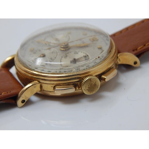 240 - Vintage Gentleman's 18ct Gold Lemania Chronograph Wristwatch with Subsidiary Dials on Tan Leather St... 