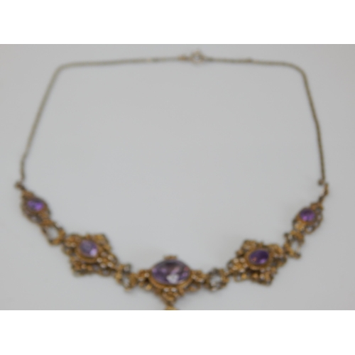 290 - Antique Possibly Austrian 835 Silver & Gilded Amethyst Set Necklace with Detachable Pendant.