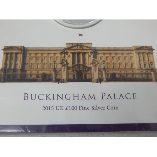 65 - Royal Mint 2015 Buckingham Palace UK Fine Silver £100 Coin in Sealed Pack of Issue