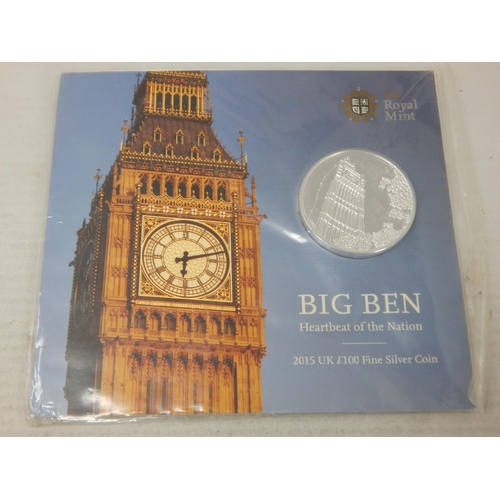 66 - Royal Mint 2015 Big Ben UK Fine Silver £100 Coin in Sealed Pack of Issue