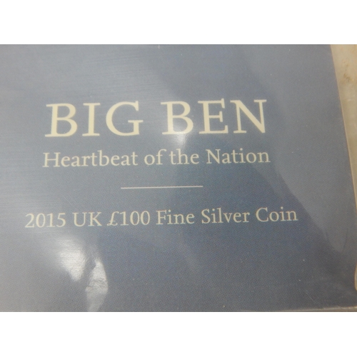 66 - Royal Mint 2015 Big Ben UK Fine Silver £100 Coin in Sealed Pack of Issue