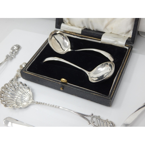 148M - A Cased Pair of Hallmarked Silver Sauce Ladles together with a Quantity of Hallmarked Silver Includi... 