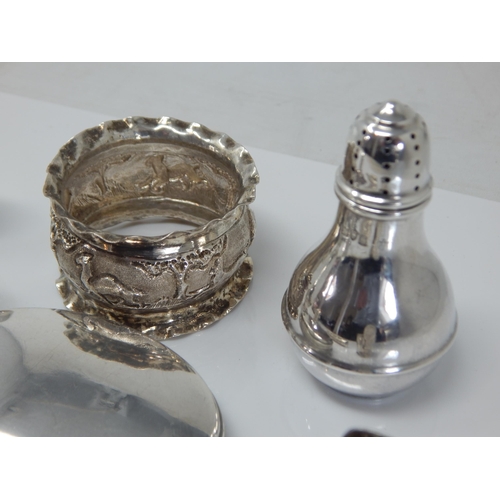 148O - A Quantity of Silver Including Salts, Peppers, Chinese Silver Burner, Cheroot Holder & Case etc: Var... 