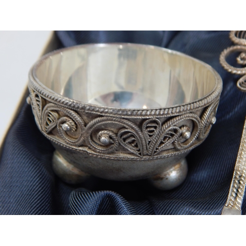 148R - Russian Silver Salt & Spoon with Filigree decoration in Original Fitted Case with paperwork