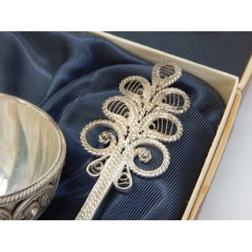 148R - Russian Silver Salt & Spoon with Filigree decoration in Original Fitted Case with paperwork