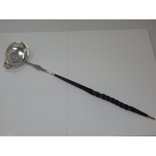 148T - 18th Century Silver Punch Ladle with Bright Cut Decoration & Inset 1758 George II Silver Shilling wi... 