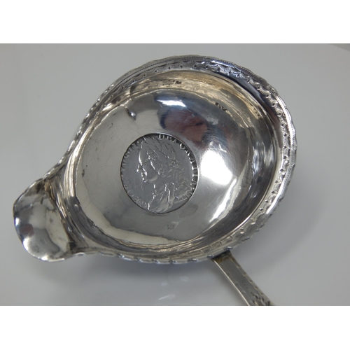 148T - 18th Century Silver Punch Ladle with Bright Cut Decoration & Inset 1758 George II Silver Shilling wi... 