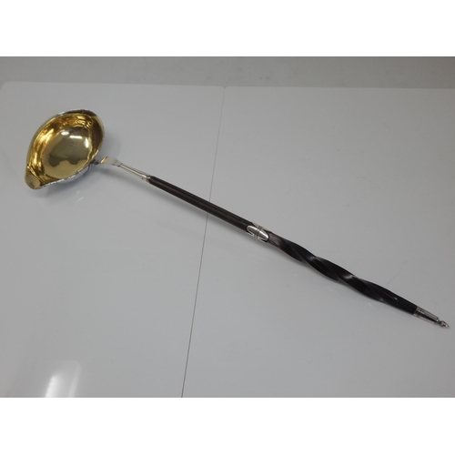 148V - George III Silver Punch Ladle with Lipped Gilded Bowl , Twisted Baleen Handle with Silver Pineapple ... 