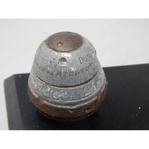 378 - WWI Shell Fuses Mounted on Wooden Board with Hallmarked Silver Plaque engraved Ypres 1915