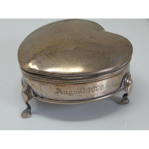 149G - Edwardian Silver Heart Shaped Jewellery Box: Hallmarked Chester 1906 by Saunders & Shepherd: Weight ... 