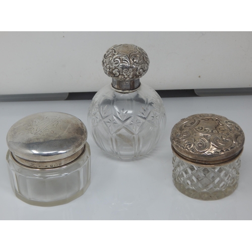 149K - Edwardian Silver topped Perfume Bottle Hallmarked Birmingham 1906 together with two Edwardian Silver... 