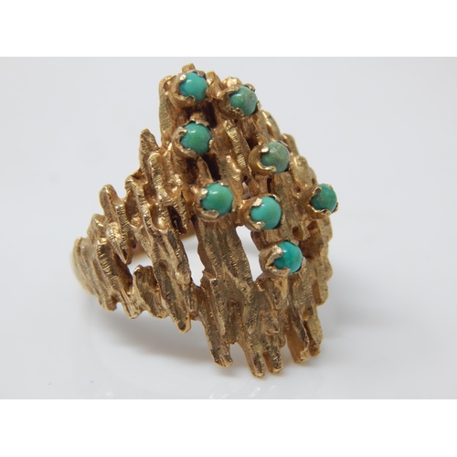 32 - 1960's 9ct Gold Modernist Ring Set with Turquoise Cabochons. Hallmarked London 1969. Size P: Weight ... 