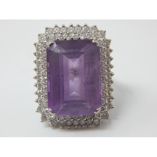 33 - 18ct Gold Ring Set with a Large Amethyst 18mm x 12mm within a Double Border of Round Brilliant Cut D... 