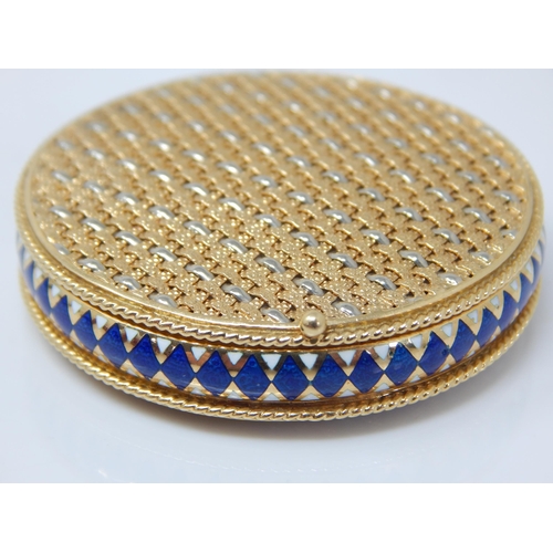 40 - 18ct Gold French Compact with a Band of Blue & White Diamond Pattern Enamel Decoration. The Interior... 