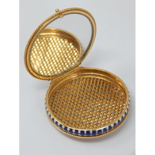 40 - 18ct Gold French Compact with a Band of Blue & White Diamond Pattern Enamel Decoration. The Interior... 