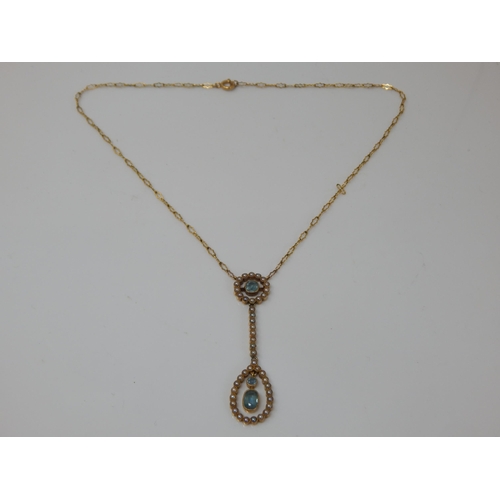 41 - Edwardian 9ct Gold Aquamarine & Seed Pearl Necklace with en-tremble drops