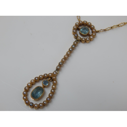 41 - Edwardian 9ct Gold Aquamarine & Seed Pearl Necklace with en-tremble drops