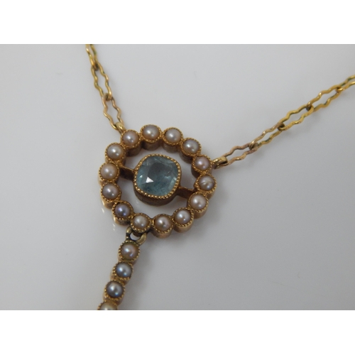 41 - Edwardian 9ct Gold Aquamarine & Seed Pearl Necklace with en-tremble drops