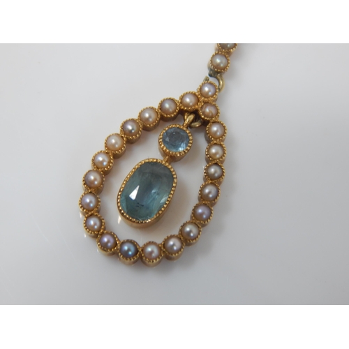 41 - Edwardian 9ct Gold Aquamarine & Seed Pearl Necklace with en-tremble drops