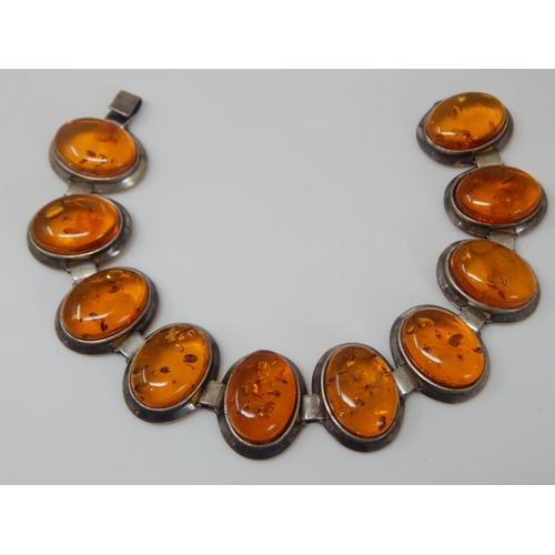 45 - Sterling 925 Silver Bracelet Set with 10 Amber cabochons: Length 19cm