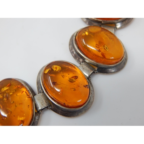 45 - Sterling 925 Silver Bracelet Set with 10 Amber cabochons: Length 19cm