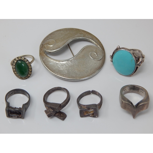 46 - A Quantity of Silver 1960's/70s Modernist Rings together with further silver rings and a large white... 