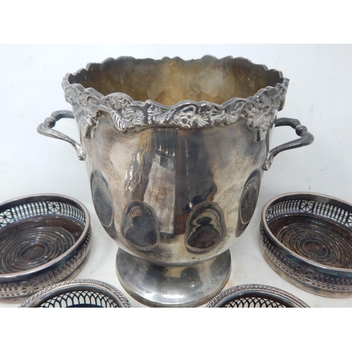 52 - Silver Plated Wares Including a Large Twin Handled Wine Cooler, Bottle Coasters etc