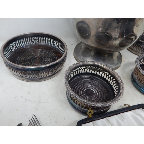 52 - Silver Plated Wares Including a Large Twin Handled Wine Cooler, Bottle Coasters etc