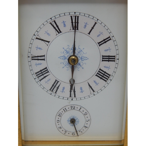 53 - 19th Century Brass Repeater Carriage Clock with White Enamel Dials: Height 12.5cm: Complete with Key... 