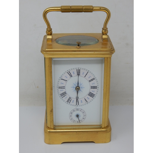 53 - 19th Century Brass Repeater Carriage Clock with White Enamel Dials: Height 12.5cm: Complete with Key... 