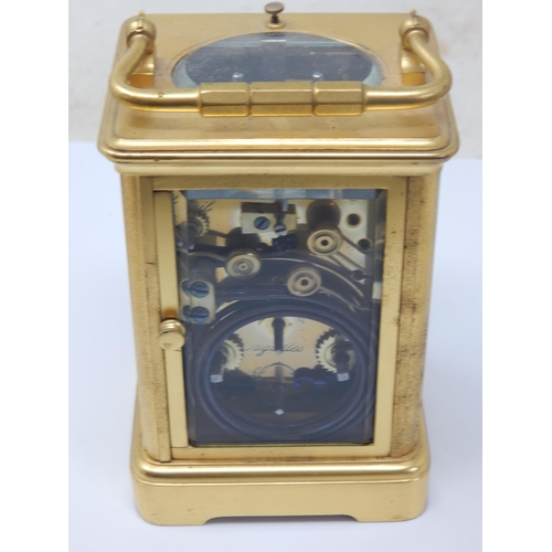 53 - 19th Century Brass Repeater Carriage Clock with White Enamel Dials: Height 12.5cm: Complete with Key... 