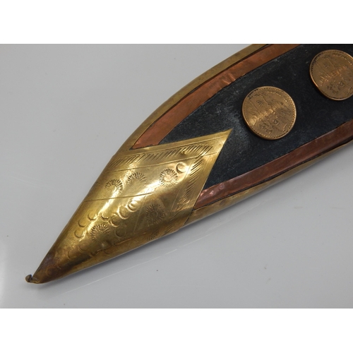 410 - Nepalese Kukri Knife in Leather, Brass & Copper Bound Scabbard Inset with Coins on Wooden Presentati... 