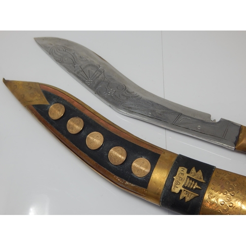 410 - Nepalese Kukri Knife in Leather, Brass & Copper Bound Scabbard Inset with Coins on Wooden Presentati... 