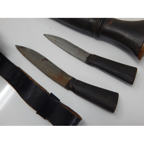 411 - Kukri Knife with Brass Hilt & two smaller knives in Leather Scabbard