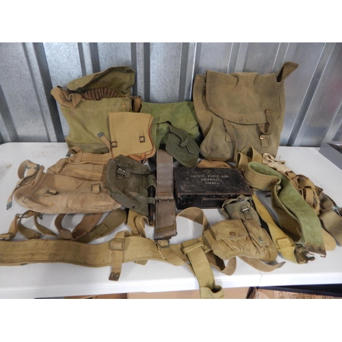 Large qty of WW2 webbing mainly British and US, gas masks bayonets etc