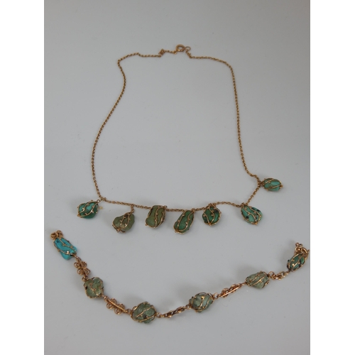 14B - 9ct Gold and turquoise stone necklace & bracelet, gross weight 19.55g