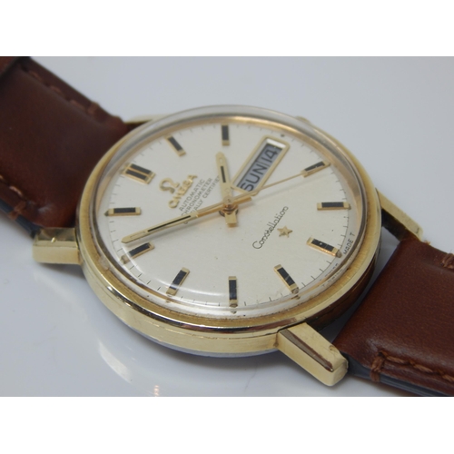 5 - Gentleman's Omega Automatic Chronometer Constellation wristwatch with day/date aperture on brown lea... 