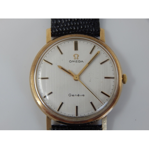 162E - Gentleman's 9ct Gold OMEGA Geneve Wristwatch with Sweep Seconds Hand on Black Leather Strap. Working... 