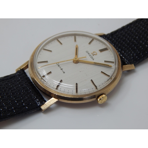 162E - Gentleman's 9ct Gold OMEGA Geneve Wristwatch with Sweep Seconds Hand on Black Leather Strap. Working... 