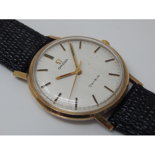 162E - Gentleman's 9ct Gold OMEGA Geneve Wristwatch with Sweep Seconds Hand on Black Leather Strap. Working... 