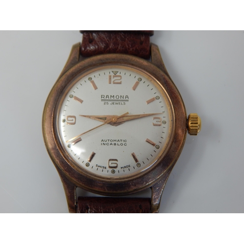 162L - 1950's Gentleman's Ramona Automatic 25 Jewels Wristwatch in Gold Plated Case on Brown Leather Strap:... 