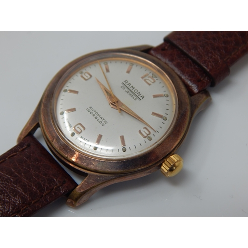 162L - 1950's Gentleman's Ramona Automatic 25 Jewels Wristwatch in Gold Plated Case on Brown Leather Strap:... 