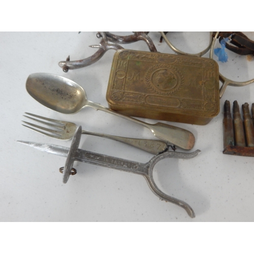 754 - Interesting box of military items including a WWI 1914 Christmas tin, some spurs, hip flask amongst ... 