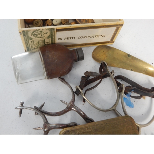 754 - Interesting box of military items including a WWI 1914 Christmas tin, some spurs, hip flask amongst ... 