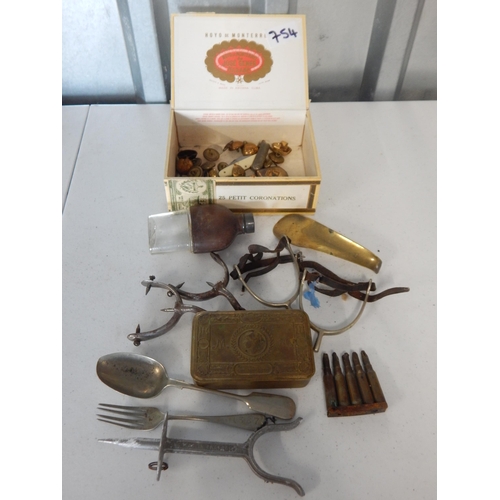 754 - Interesting box of military items including a WWI 1914 Christmas tin, some spurs, hip flask amongst ... 