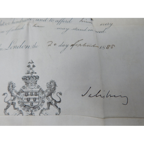 416 - The Victorian Passport of Captain M. Allfrey, 15th Hussars Dated 1885 & Signed by The Earl of Salisb... 