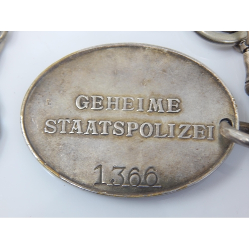 419 - Rare WWII Nazi German Geheime Staatspolizei (Secret State Police) Pass, Numbered 1366 with chain.