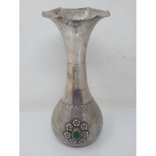 149N - Sterling 925 Silver Vase Set with Green Stone Cabochons: Height 17.5cm: Weight 142g