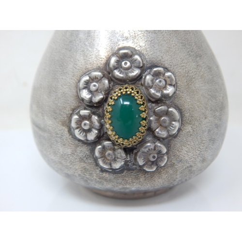 149N - Sterling 925 Silver Vase Set with Green Stone Cabochons: Height 17.5cm: Weight 142g