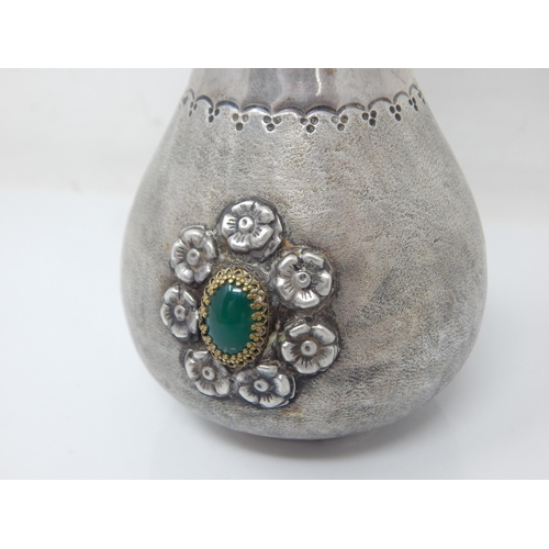 149N - Sterling 925 Silver Vase Set with Green Stone Cabochons: Height 17.5cm: Weight 142g